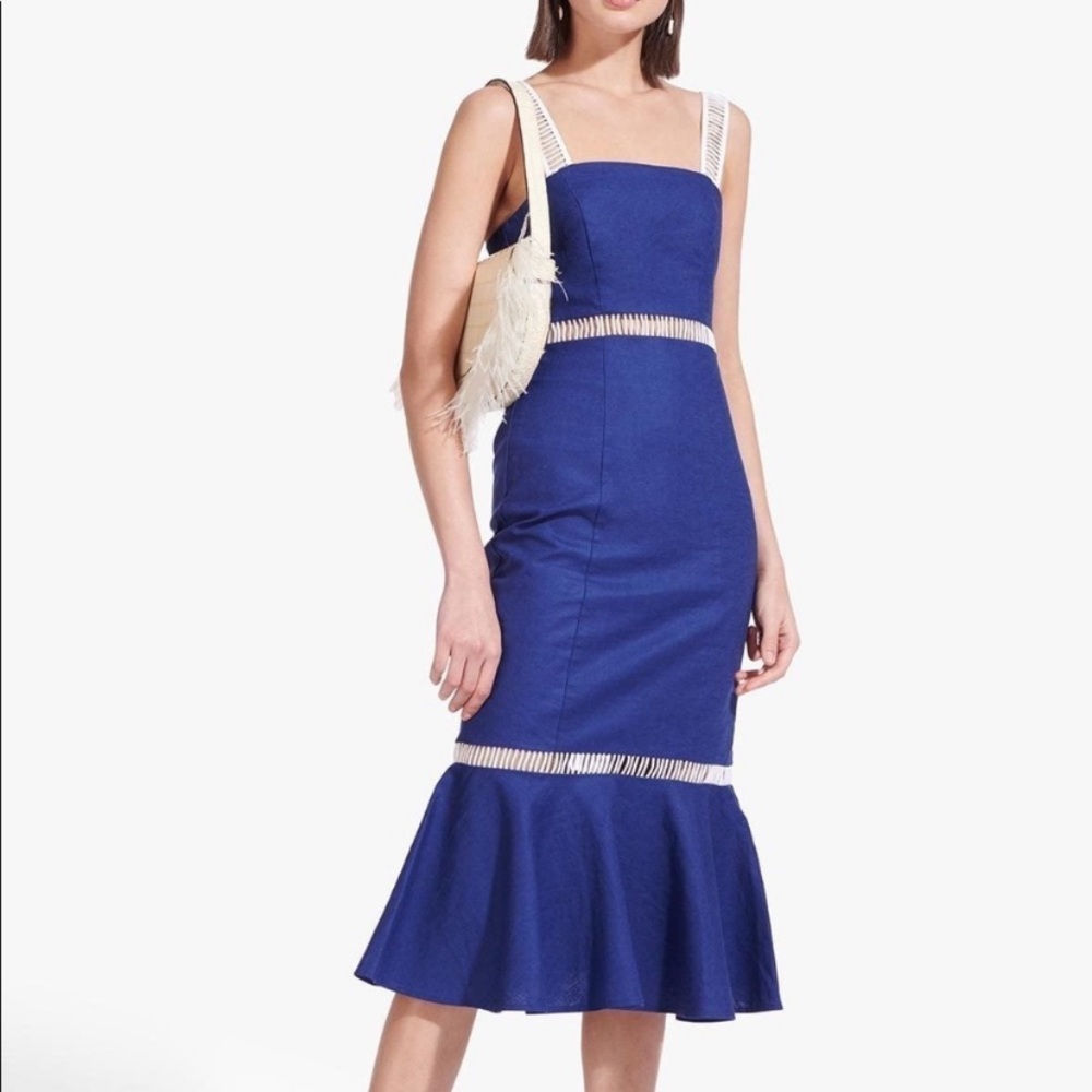 STAUD Blue Lychee Lace Eyelet-Trim Flounce Sheath Dress